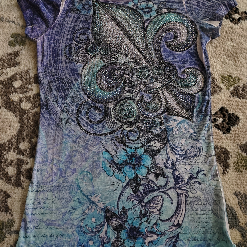 Embellished Blue and Green Short Sleeve Top